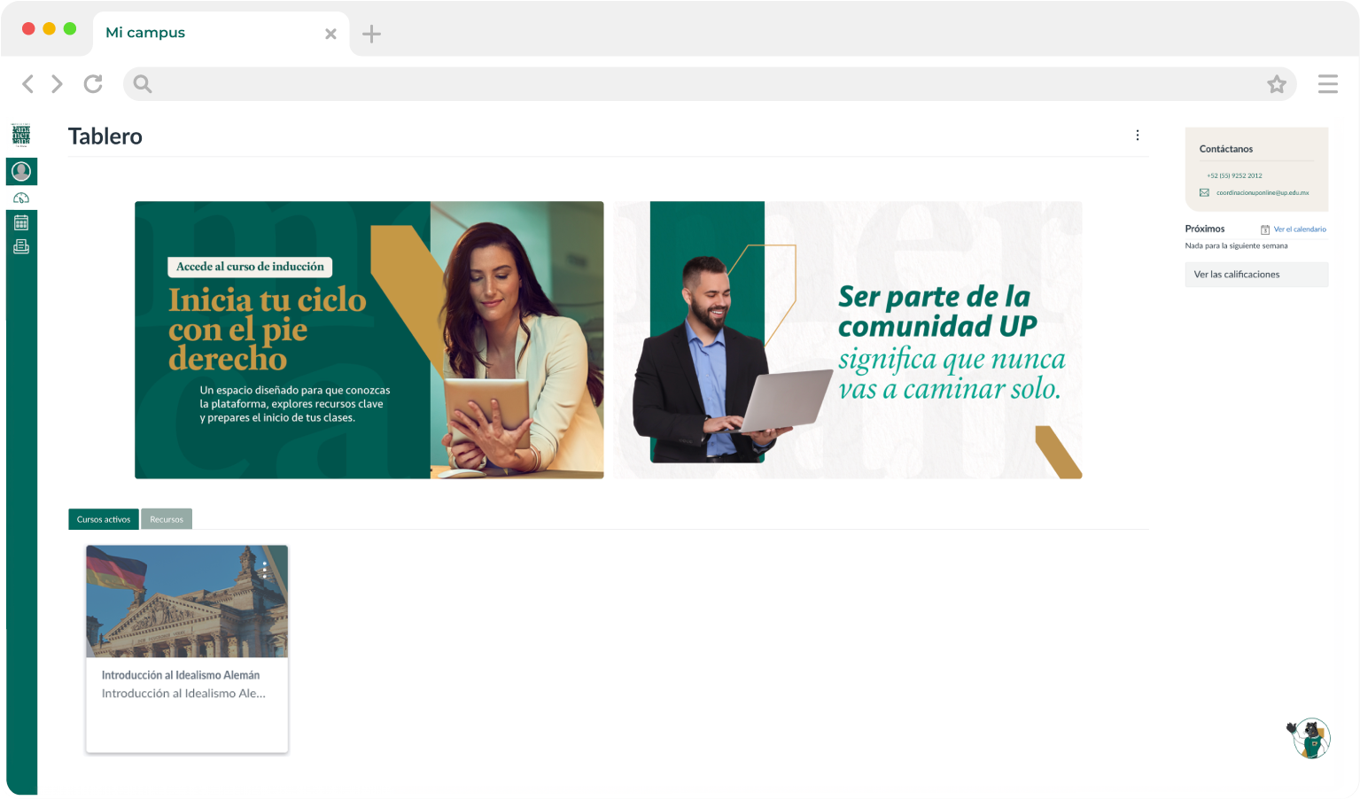 Imagen de la Plataforma Digital UP para estudiantes, mostrando cursos y herramientas